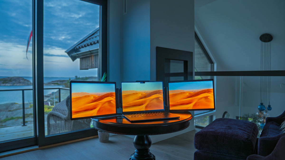 Three screens indoors by a large window