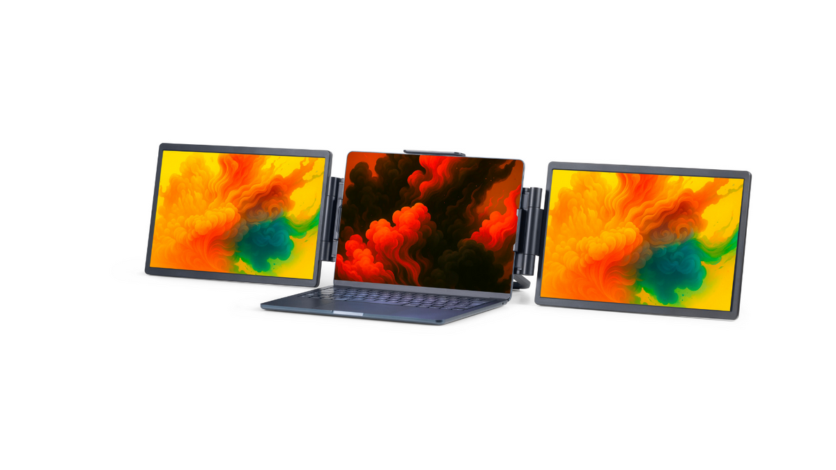 Asuro Double Pro bærbar dobbeltskjerm montert på en laptop, sett fra siden i en skrå vinkel.