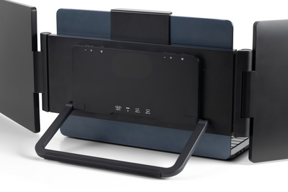 Nærbilde av baksiden på Asuro Double Pro som viser USB-C-porter, menyknapper og støttefot.